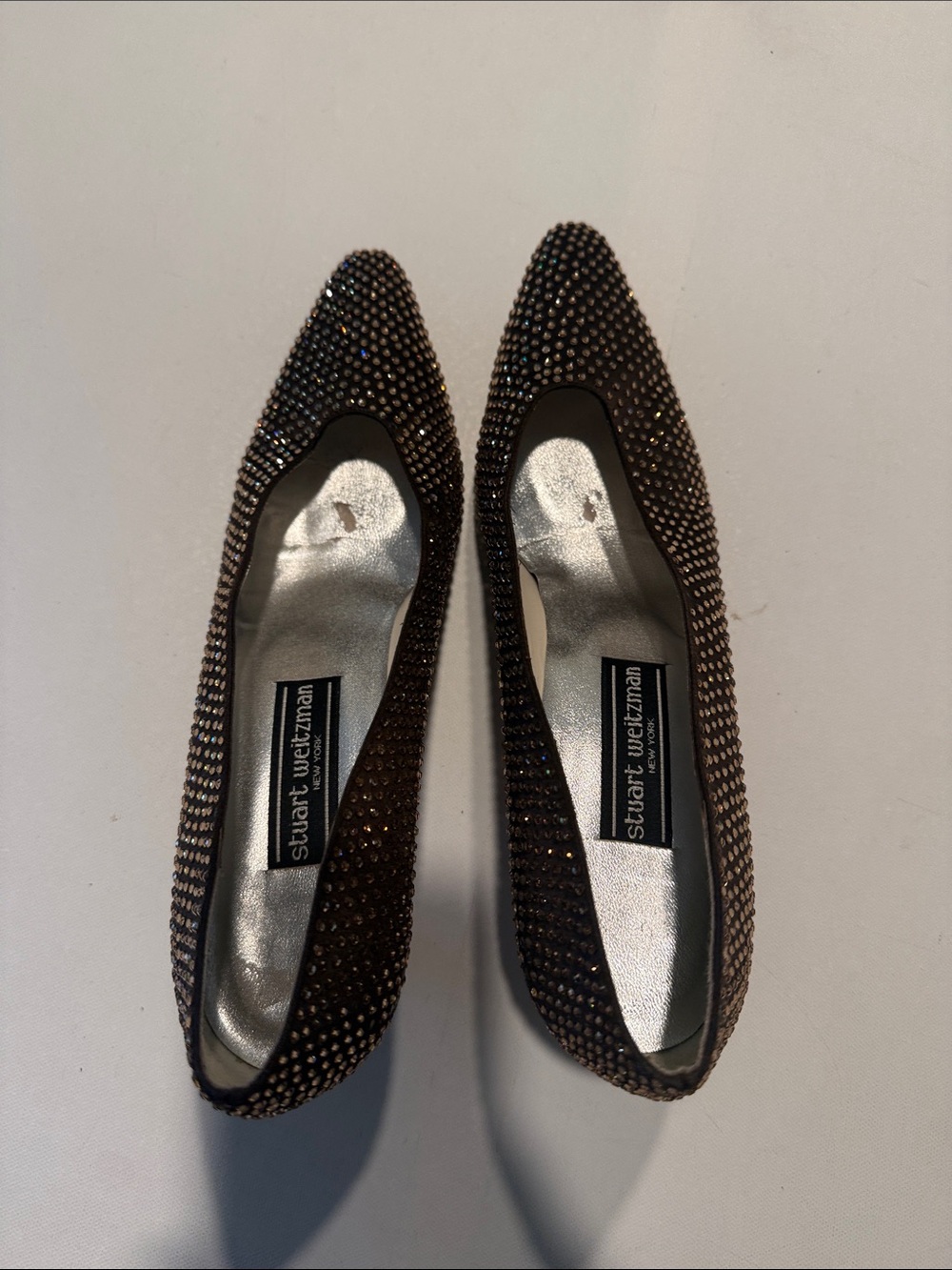 Stuart Weitzman Vintage Brown Crystal-Studded Pointed Toe Pumps - Picture 3 of 6